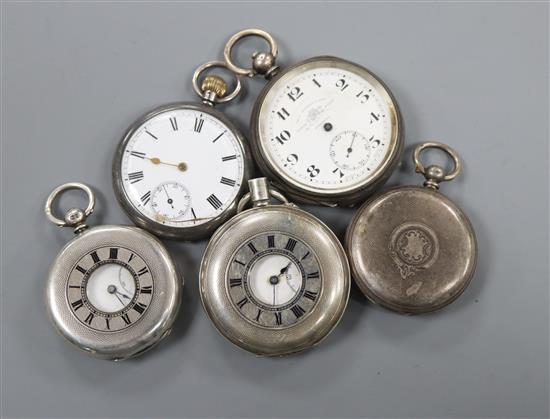 Five assorted silver or white metal pocket watches including half hunter.